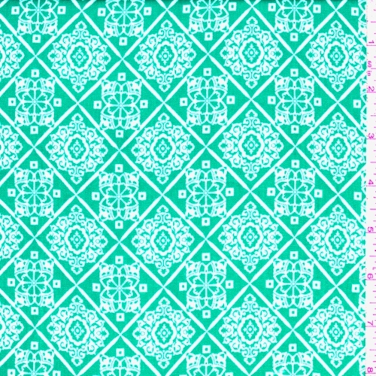 Aquamarine/White Medallion Diamond Rayon Crepe Fabric By the Yard
